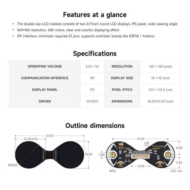 Alt view image 4 of 5 - Waveshare 0.71inch Double Eye Round LCD Display Module, Compatible with Controller ESP32 Boards, 160×160 Resolution, SPI Interface, 65K Colors, IPS Panel, Embedded GC9D01 Driver