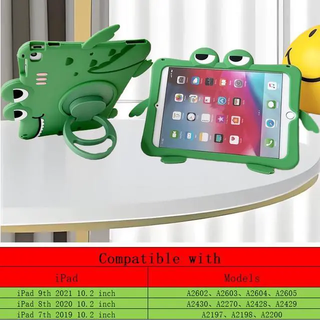 Alt view image 2 of 5 - Green Dinosaur Kids Case with Strap for iPad 9th 2021/iPad 8th 2020/iPad 7th 2019 10.2 inch,3D Kawaii Cute Cool 360 Rotation Kickstand Dinosaur Kids Girls Boys Soft Silicone Case with Cat Kickstand