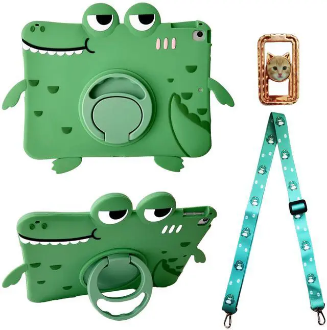 Main image of Green Dinosaur Kids Case with Strap for iPad 9th 2021/iPad 8th 2020/iPad 7th 2019 10.2 inch,3D Kawaii Cute Cool 360 Rotation Kickstand Dinosaur Kids Girls Boys Soft Silicone Case with Cat Kickstand