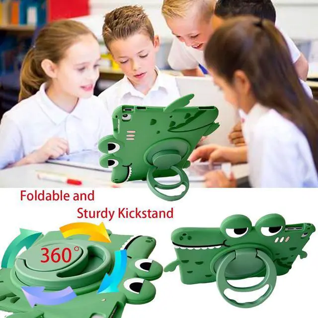 Alt view image 3 of 5 - Green Dinosaur Kids Case with Strap for iPad 9th 2021/iPad 8th 2020/iPad 7th 2019 10.2 inch,3D Kawaii Cute Cool 360 Rotation Kickstand Dinosaur Kids Girls Boys Soft Silicone Case with Cat Kickstand