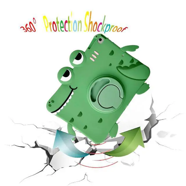 Alt view image 4 of 5 - Green Dinosaur Kids Case with Strap for iPad 9th 2021/iPad 8th 2020/iPad 7th 2019 10.2 inch,3D Kawaii Cute Cool 360 Rotation Kickstand Dinosaur Kids Girls Boys Soft Silicone Case with Cat Kickstand