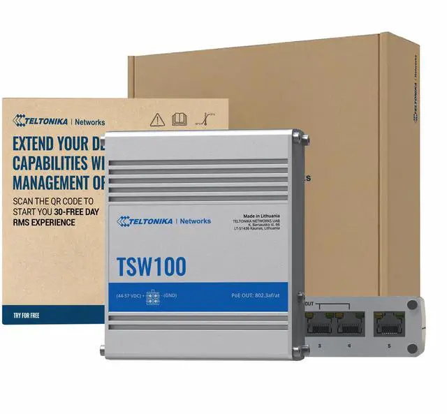 Main image of Teltonika TSW100 Industrial PoE+ Unmanaged Ethernet Switch - 4X PoE+ Ports & 120W Power Budget - 5 Port Gigabit Switch with High Speeds Up to 1000 Mbps - DIN-Rail PoE Switch IP30 Rated, Plug & Play