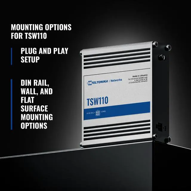 Alt view image 2 of 5 - Teltonika TSW100 Industrial PoE+ Unmanaged Ethernet Switch - 4X PoE+ Ports & 120W Power Budget - 5 Port Gigabit Switch with High Speeds Up to 1000 Mbps - DIN-Rail PoE Switch IP30 Rated, Plug & Play