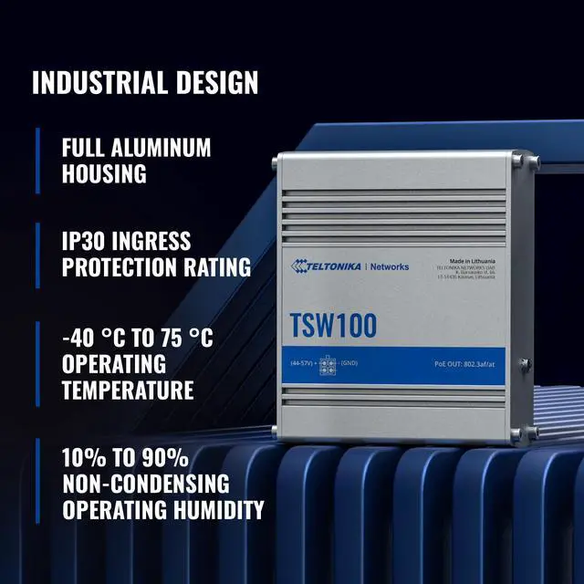 Alt view image 3 of 5 - Teltonika TSW100 Industrial PoE+ Unmanaged Ethernet Switch - 4X PoE+ Ports & 120W Power Budget - 5 Port Gigabit Switch with High Speeds Up to 1000 Mbps - DIN-Rail PoE Switch IP30 Rated, Plug & Play