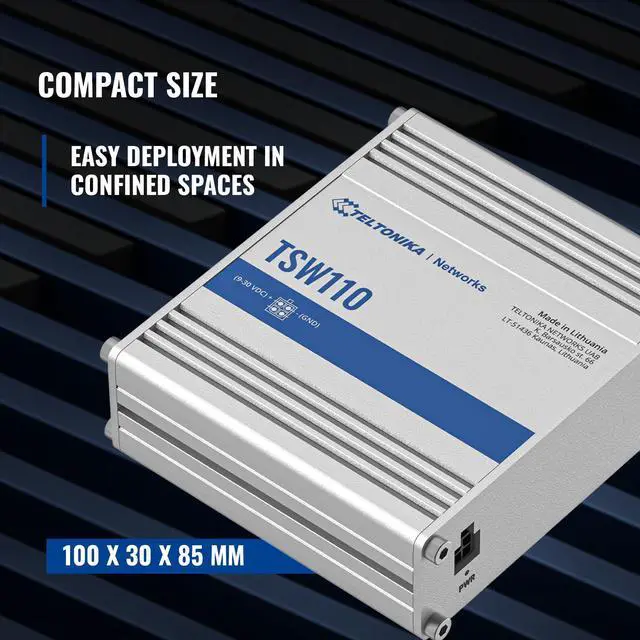 Alt view image 5 of 5 - Teltonika TSW100 Industrial PoE+ Unmanaged Ethernet Switch - 4X PoE+ Ports & 120W Power Budget - 5 Port Gigabit Switch with High Speeds Up to 1000 Mbps - DIN-Rail PoE Switch IP30 Rated, Plug & Play