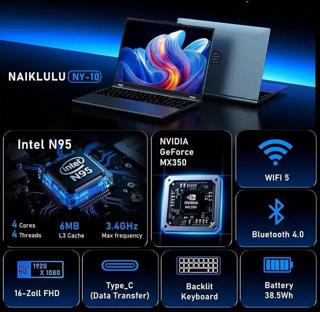 Alt view image 2 of 5 - NAIKLULU Gaming Laptop,Laptop Computer 2025,Win 11 Pro 16 Inch Lap Top,16GB RAM 1TB SSD PC,MX350 Graphics,N95 4C/4T Processor(up to 3.4Ghz),Backlit Keyboard,16FHD 1920 * 1200 Display,WiFi 5,BT4.0