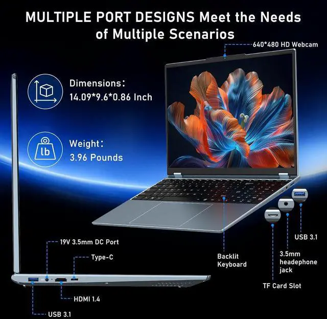 Alt view image 5 of 5 - NAIKLULU Gaming Laptop,Laptop Computer 2025,Win 11 Pro 16 Inch Lap Top,16GB RAM 1TB SSD PC,MX350 Graphics,N95 4C/4T Processor(up to 3.4Ghz),Backlit Keyboard,16FHD 1920 * 1200 Display,WiFi 5,BT4.0