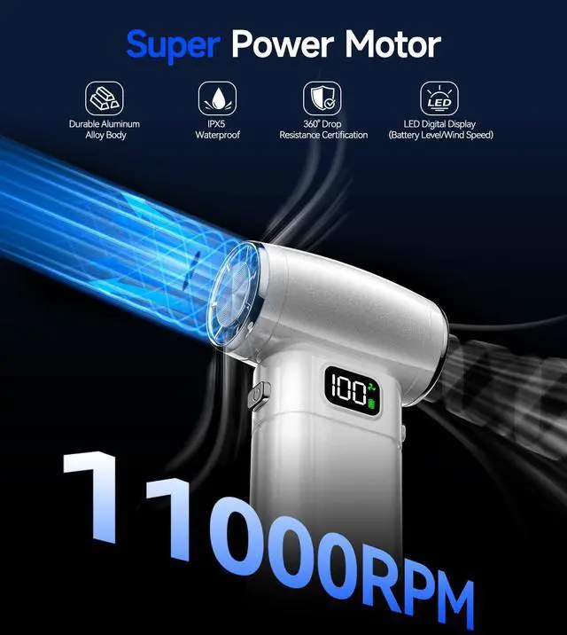 Alt view image 3 of 5 - PHIXBEAR Aluminum Compressed Air Duster - 90,000RPM Elegant Rechargeable Cordless Electric Air Blower with LED Display, 5 Speeds - Premium Keyboard Cleaning Kit for PC Car Outdoor Use