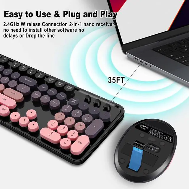 Alt view image 2 of 5 - Kootop Wireless Keyboard and Mouse Combo, Cute Colorful 104 Keys Typewriter Retro Round Keycaps Keyboard for PC Laptop,Desktop,Windows, Home and Office Keyboards(Black Pink)