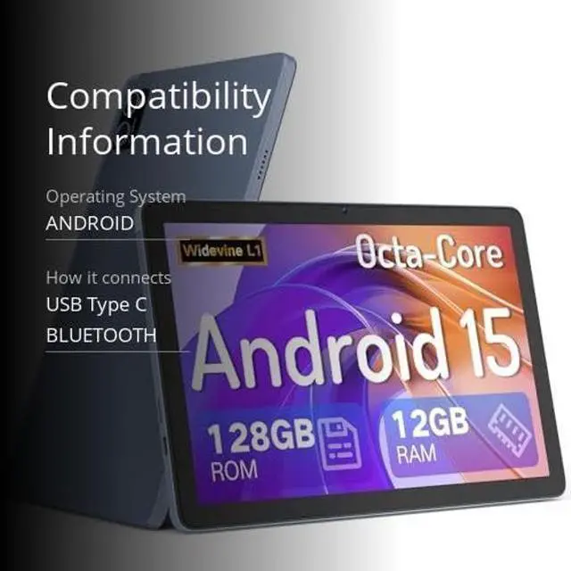 Alt view image 3 of 5 - JUNYANG Tablet 10.1 Inch Android 15, 12GB RAM 128GB ROM (Up to 2TB Expand), Octa-Core Processor, 1280x800 HD Touch Screen, 8H Battery Life, Dual Camera 13MP+5MP, 5G WiFi Tablet PC, Widevine L1