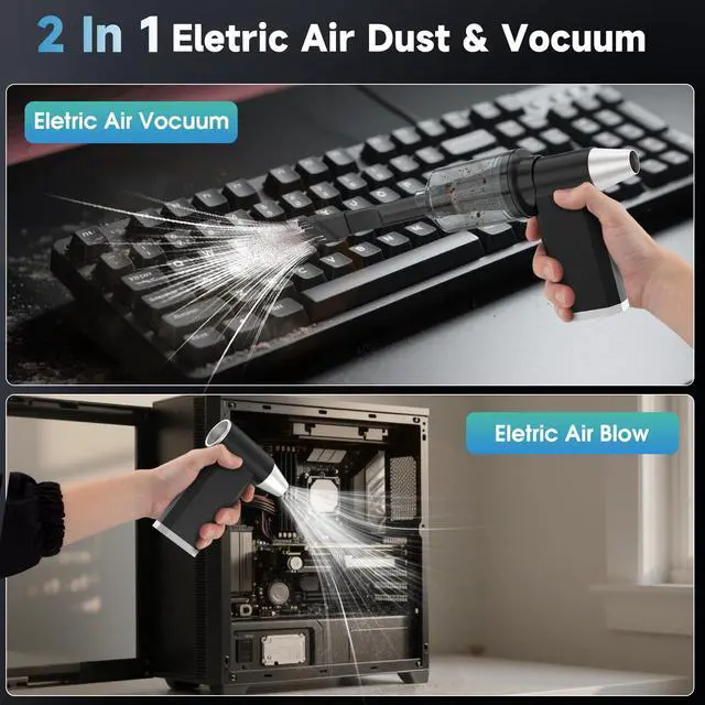 Alt view image 2 of 5 - 2 in 1 Electric Air Duster and Vacuum,130,000 RPM Powerful Cordless Compressed Air Duster,4 Gear Adjustable Handheld Air Blower,Rechargeable Car Vacuum for Computer,Keyboard,Electronic,Home,Outdoor