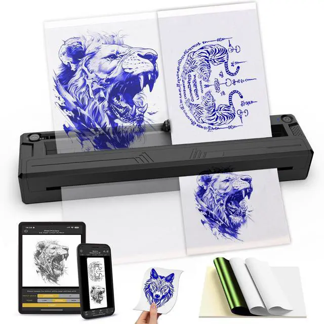 Main image of Wireless Tattoo Stencil Printer, Portable Bluetooth Thermal Tattoo Printer with App Custom-SizeA4, Print Realistic Portraits, 10 Transfer Papers Included, Works for Phone/Tablet/PC - Black