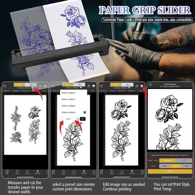 Alt view image 4 of 5 - Wireless Tattoo Stencil Printer, Portable Bluetooth Thermal Tattoo Printer with App Custom-SizeA4, Print Realistic Portraits, 10 Transfer Papers Included, Works for Phone/Tablet/PC - Black