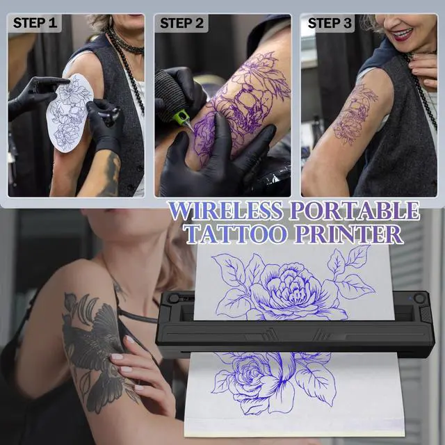 Alt view image 5 of 5 - Wireless Tattoo Stencil Printer, Portable Bluetooth Thermal Tattoo Printer with App Custom-SizeA4, Print Realistic Portraits, 10 Transfer Papers Included, Works for Phone/Tablet/PC - Black