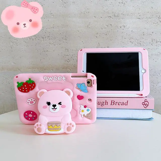 Alt view image 2 of 5 - for iPad A16 Case 11th Generation 11 Inch 2025/for iPad 10th Generation Case 2022 10.9 Inch - Cute Cartoon Soft 3D Silicone Bear Cover with Strap & Stand for Girls Girly
