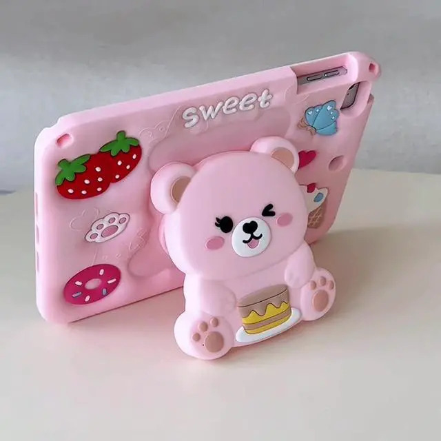 Alt view image 5 of 5 - for iPad A16 Case 11th Generation 11 Inch 2025/for iPad 10th Generation Case 2022 10.9 Inch - Cute Cartoon Soft 3D Silicone Bear Cover with Strap & Stand for Girls Girly