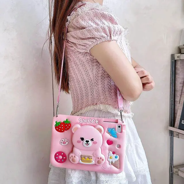 Alt view image 3 of 5 - for iPad A16 Case 11th Generation 11 Inch 2025/for iPad 10th Generation Case 2022 10.9 Inch - Cute Cartoon Soft 3D Silicone Bear Cover with Strap & Stand for Girls Girly