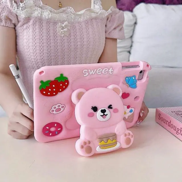 Alt view image 4 of 5 - for iPad A16 Case 11th Generation 11 Inch 2025/for iPad 10th Generation Case 2022 10.9 Inch - Cute Cartoon Soft 3D Silicone Bear Cover with Strap & Stand for Girls Girly