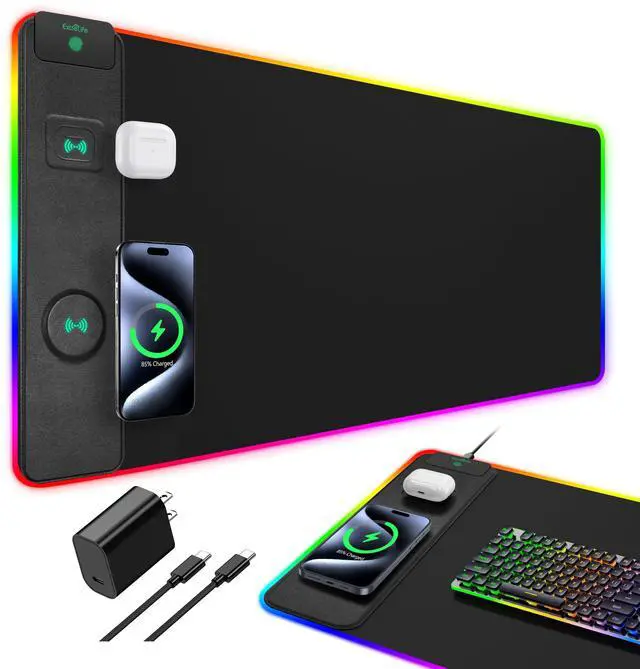 Main image of Mouse Pad with Wireless Charging, RGB Gaming Desk Mat, 31.5"x15.7" Large XXL Desk Pad, 15 Lighting Modes, Non-Slip Mouse Mat, Waterproof Computer Keyboard Pad, Black with 20W PD Power Adapter