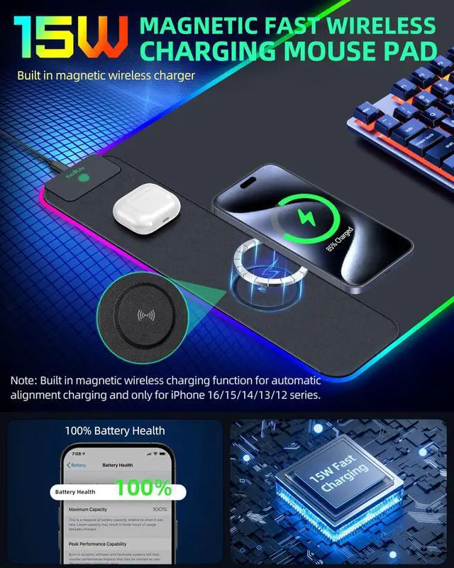 Alt view image 2 of 5 - Mouse Pad with Wireless Charging, RGB Gaming Desk Mat, 31.5"x15.7" Large XXL Desk Pad, 15 Lighting Modes, Non-Slip Mouse Mat, Waterproof Computer Keyboard Pad, Black with 20W PD Power Adapter