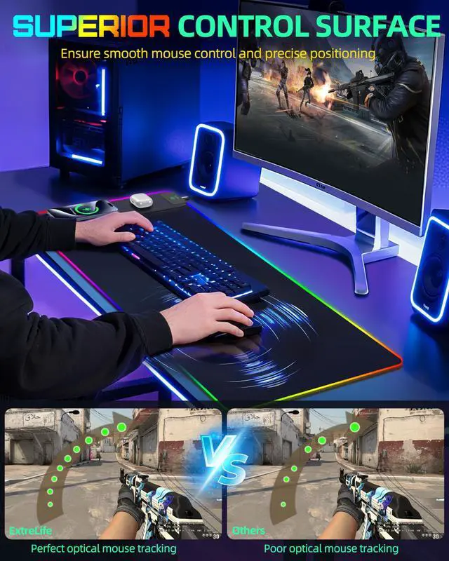 Alt view image 4 of 5 - Mouse Pad with Wireless Charging, RGB Gaming Desk Mat, 31.5"x15.7" Large XXL Desk Pad, 15 Lighting Modes, Non-Slip Mouse Mat, Waterproof Computer Keyboard Pad, Black with 20W PD Power Adapter