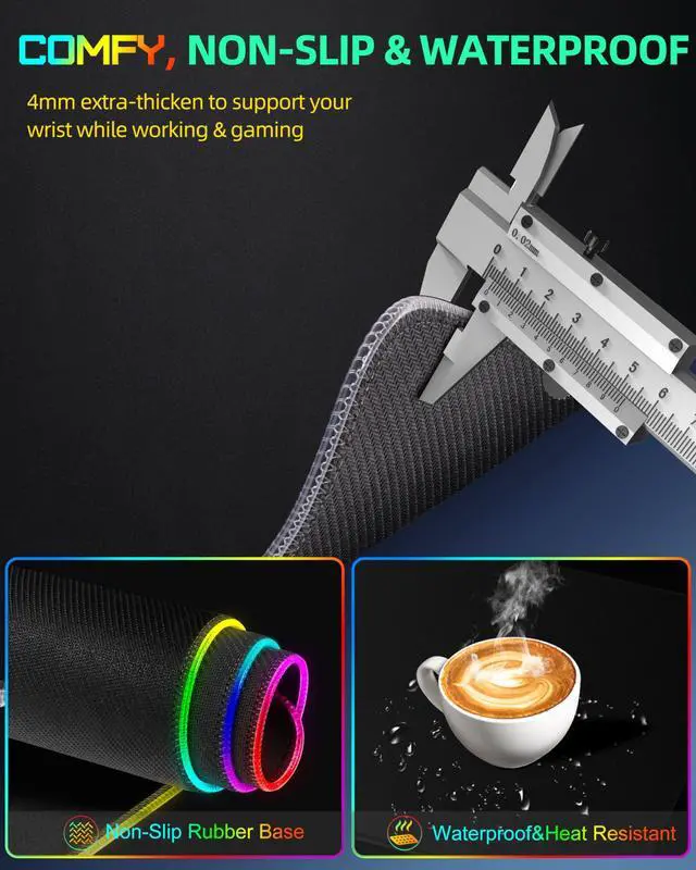 Alt view image 5 of 5 - Mouse Pad with Wireless Charging, RGB Gaming Desk Mat, 31.5"x15.7" Large XXL Desk Pad, 15 Lighting Modes, Non-Slip Mouse Mat, Waterproof Computer Keyboard Pad, Black with 20W PD Power Adapter