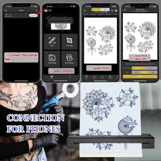 Alt view image 2 of 5 - Wireless Tattoo Stencil Printer, Portable Bluetooth Thermal Tattoo Printer with App Custom-SizeA4, Print Realistic Portraits, 10 Transfer Papers Included, Works for Phone/Tablet/PC - Black