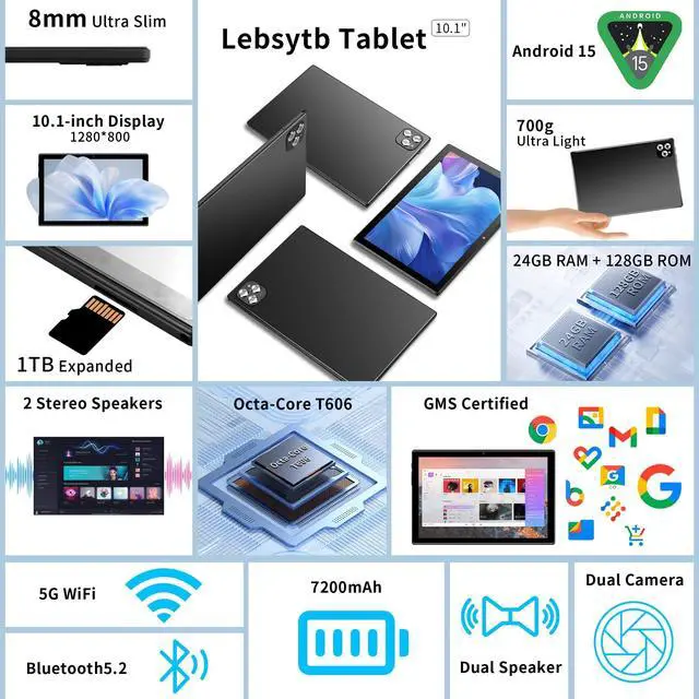 Alt view image 2 of 5 - Lebsytb 10 inch Android 15 Tablet with Keyboard - 24GB(4+20) RAM+128GB ROM(1TB Expand), 2-in-1 Tablets with 8-Core, 7200mAh, 5G WiFi, Widevine L1, GMS, with Case, Keyboard, Stylus (Black)