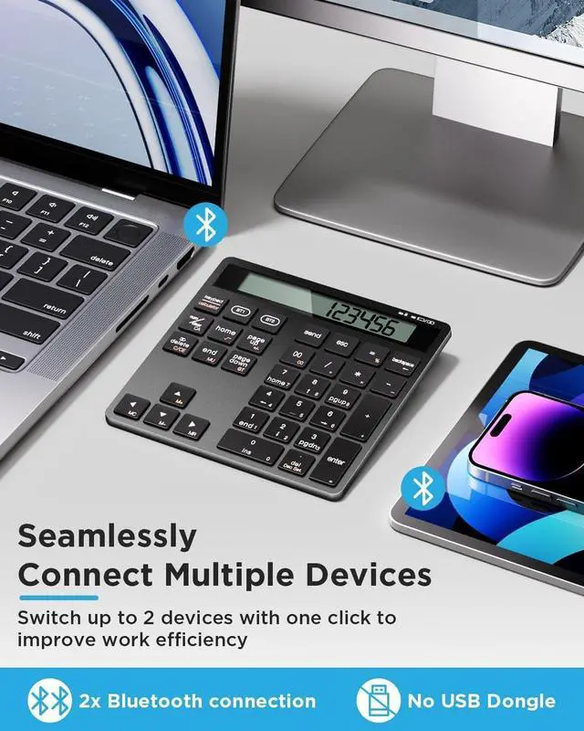 Alt view image 5 of 5 - Bluetooth Number Pad, Wireless Numeric Keypad Calculator with Display, USB-C Rechargeable External 34-Keys Numpad, Financial Data Entry Keyboard for iMac, MacBook Air/Pro, PC Desktop, Laptop Notebook