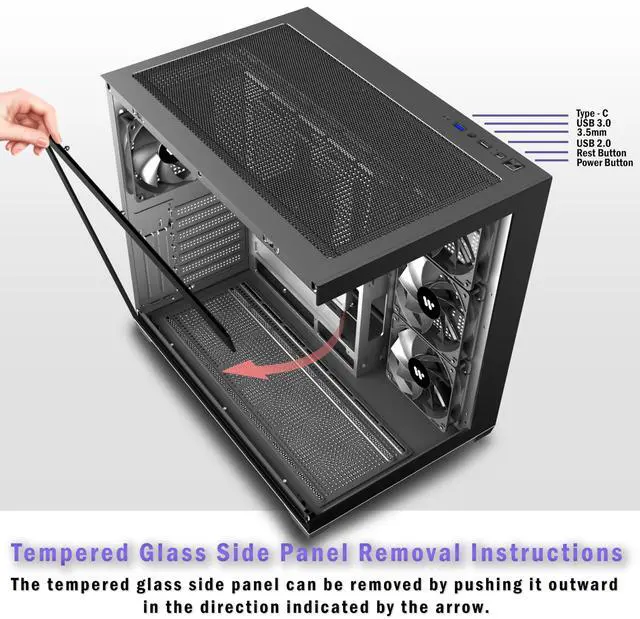 Alt view image 3 of 5 - KEDIERS PC CASE ATX 4 Fans Pre-Installed, Type-C Mid Tower Computer Case with Full-View Dual Tempered Glass, Gaming PC Case,Black,K4