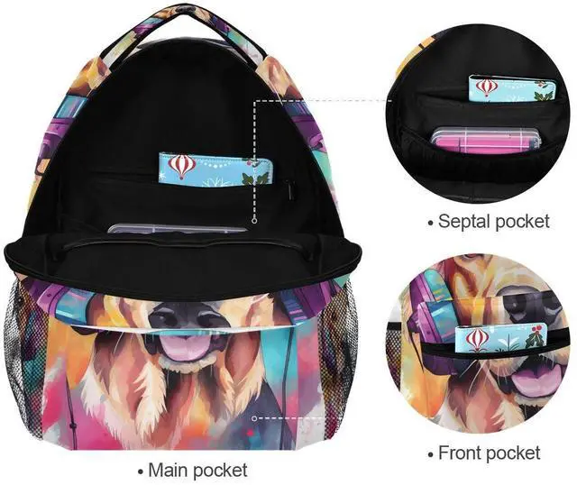 Alt view image 5 of 5 - Dog Golden Retriever High School Bag Backpack Bookbags Book Bags for Boys Travel College Work Casual Daypack Teens