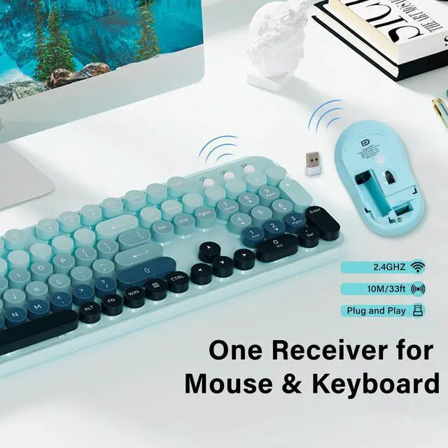 Alt view image 2 of 5 - XuanGui Wireless Keyboard and Mouse Combo with Round Keycaps,Retro Full-Sized Typewriter Keyboard,Tilt Legs &Sleep Mode,2.4GHz Cordless Connection for Mac/Windows/PC Computer(Colorful Blue)