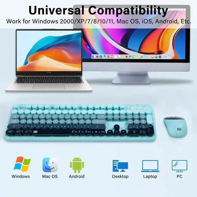 Alt view image 4 of 5 - XuanGui Wireless Keyboard and Mouse Combo with Round Keycaps,Retro Full-Sized Typewriter Keyboard,Tilt Legs &Sleep Mode,2.4GHz Cordless Connection for Mac/Windows/PC Computer(Colorful Blue)