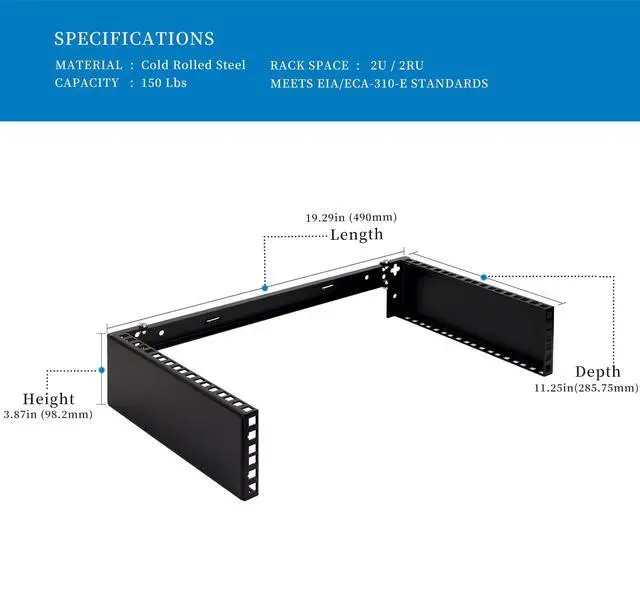 Alt view image 3 of 5 - RackPath 2U Wall Mount Network Rack - Patch Panel Bracket for Server and Network Equipment  11.25 inch Deep  Heavy Duty 150lbs Capacity