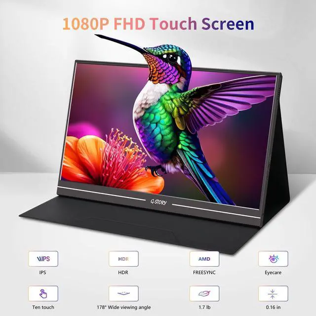 Alt view image 4 of 5 - G-STORY 15.6 inch Touchscreen Portable Monitor 1080P Full HD IPS Display USB-C Gaming Monitor with HDR/FreeSync/Speakers/Mini HDMI for PS5 PS4 Xbox Series NS Laptop PC