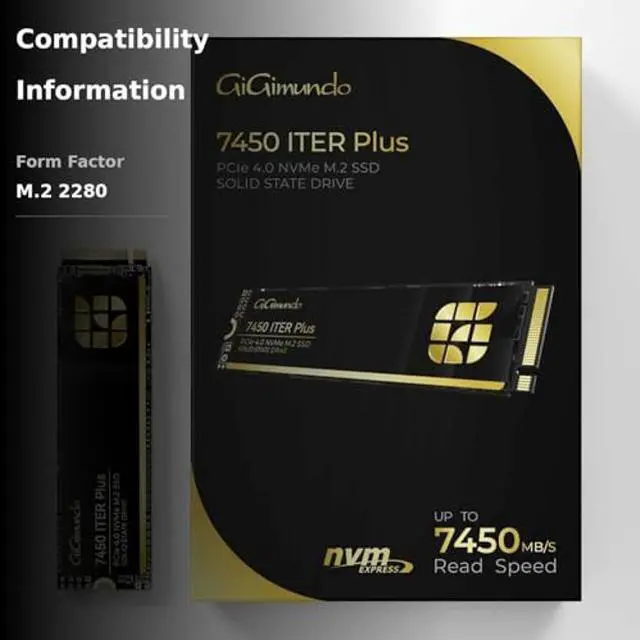 Alt view image 3 of 5 - GiGimundo 7450 ITERPlus 1TB M.2 SSD, NVMe 2.0 2280 PCIe Gen4×4 Ultra High Speed, Max Read 6600MB/s, Write 2700MB/s, 3D NAND QLC Internal Solid State Drive Compatible with PS5 Pro