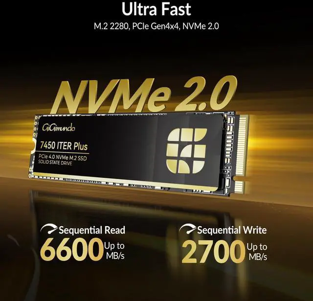 Alt view image 2 of 5 - GiGimundo 7450 ITERPlus 1TB M.2 SSD, NVMe 2.0 2280 PCIe Gen4×4 Ultra High Speed, Max Read 6600MB/s, Write 2700MB/s, 3D NAND QLC Internal Solid State Drive Compatible with PS5 Pro