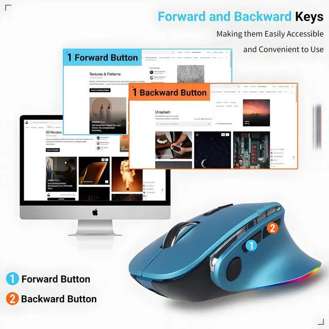 Alt view image 5 of 5 - Ergonomic Mouse Jiggler,Bluetooth Vertical Wireless Mouse,LED Rechargeable Optical Computer Mice, Portable(BT5.2 or USB 2.4GHz) Dual Mode,1000/1600/2400 DPI,8 Buttons for Laptop,PC,Macbook (Blue)