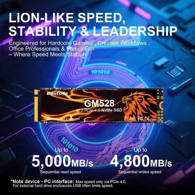 Alt view image 2 of 5 - 2TB M.2 SSD NVMe PCIe 2280 Internal Solid State Hard Drive, Up to 5000 MB/s, 3D NAND SLC Cache, SSD for Gaming PC Storage, Business Laptop, Home Entertainment, Creative Workflow GM528