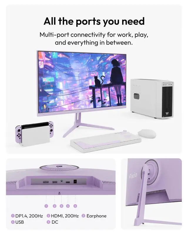 Alt view image 5 of 5 - Pixio PX248 Wave Purple 24 inch 200Hz Refresh Rate FHD 1080p Resolution Fast IPS Panel 1ms GTG Response Time Purple Gaming Monitor with Adaptive Sync