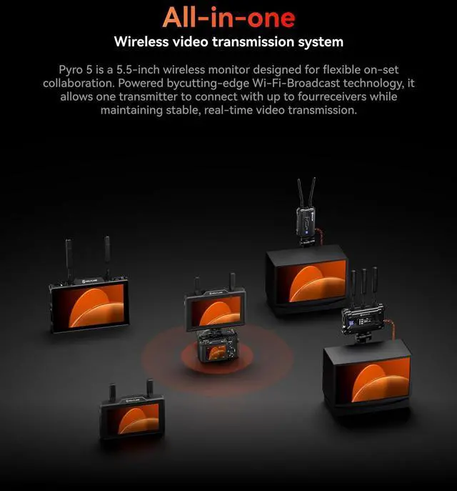 Alt view image 3 of 5 - Hollyland Pyro 5 Wireless Video Transmitter & Receiver & 5.5 inch Camera Field Monitor HDMI & SDI 1300ft Range, 60ms Latency Auto Dual-Band Hopping with Waveform, LUTs, Recording, Vector Scope