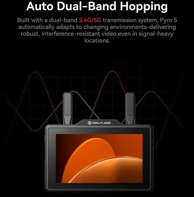 Alt view image 4 of 5 - Hollyland Pyro 5 Wireless Video Transmitter & Receiver & 5.5 inch Camera Field Monitor HDMI & SDI 1300ft Range, 60ms Latency Auto Dual-Band Hopping with Waveform, LUTs, Recording, Vector Scope