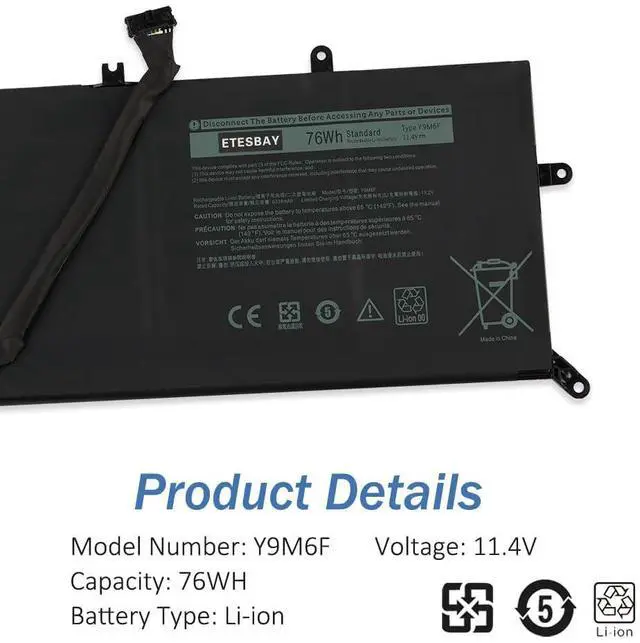 Alt view image 5 of 5 - ETESBAY Y9M6F Laptop Battery Compatible with Dell Alienware M15 R2 ALW17M-D4758W ALW17M-D4725W P87F Alienware M17 R2 P41E Series 0Y9M6F 8K84V 08K84V 11.4V 76Wh