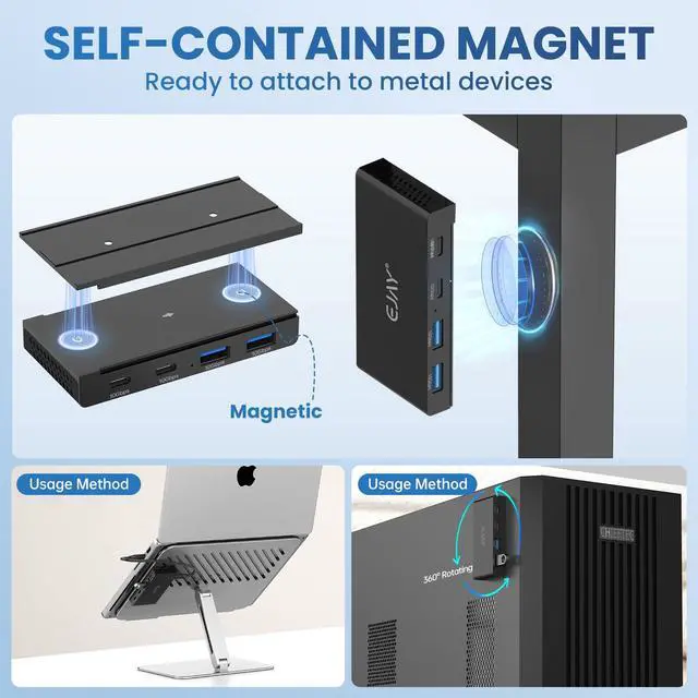 Alt view image 2 of 5 - EJAY 10Gbps Magnetic USB-C Hub, 4-Port USB 3.2 Gen2 Data Transfer, Includes 2 Packs Sliding Rail, Screws and Sticky Pads for MacBook Laptop PC