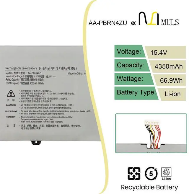 Alt view image 2 of 5 - MULS 66.9Wh AA-PBRN4ZU Laptop Battery for Samsung Galaxy Book Flex 930QCG 930QCJ 930XCJ NP930QCG NP930QCG-K01 950QCG 950QCG-X01 950QCG-X03 950QCJ 950XCJ NP950QCG 15-NP950 15.4V 4-Cell 4350mAh