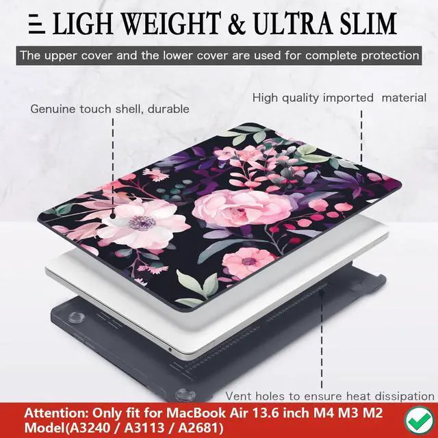 Alt view image 4 of 5 - CISSOOK Compatible with MacBook Air 13.6 inch Case 2025 2024 2022 Release Model A3240 A3113 A2681, Flower Plastic Hard Shell Case Black Cover for MacBook Air 13 inch M2 M3 M4 - Pink Flowers