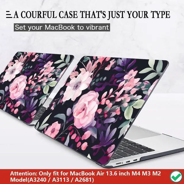 Alt view image 3 of 5 - CISSOOK Compatible with MacBook Air 13.6 inch Case 2025 2024 2022 Release Model A3240 A3113 A2681, Flower Plastic Hard Shell Case Black Cover for MacBook Air 13 inch M2 M3 M4 - Pink Flowers