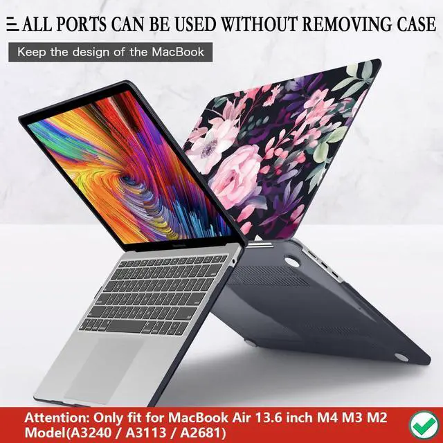 Alt view image 5 of 5 - CISSOOK Compatible with MacBook Air 13.6 inch Case 2025 2024 2022 Release Model A3240 A3113 A2681, Flower Plastic Hard Shell Case Black Cover for MacBook Air 13 inch M2 M3 M4 - Pink Flowers