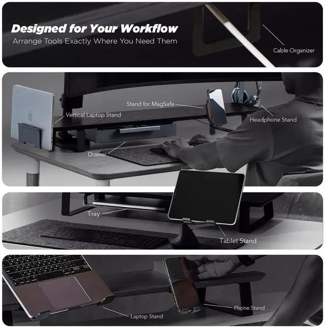 Alt view image 5 of 5 - ULTRARM Moodular Wooden Monitor Stand 45.6 (116cm) Large Desk Organizer with Metal Slide Rails for Drawer, Tray, Laptop, Tablet, Phone & Headphones Customizable Riser for Organized Workspace Black