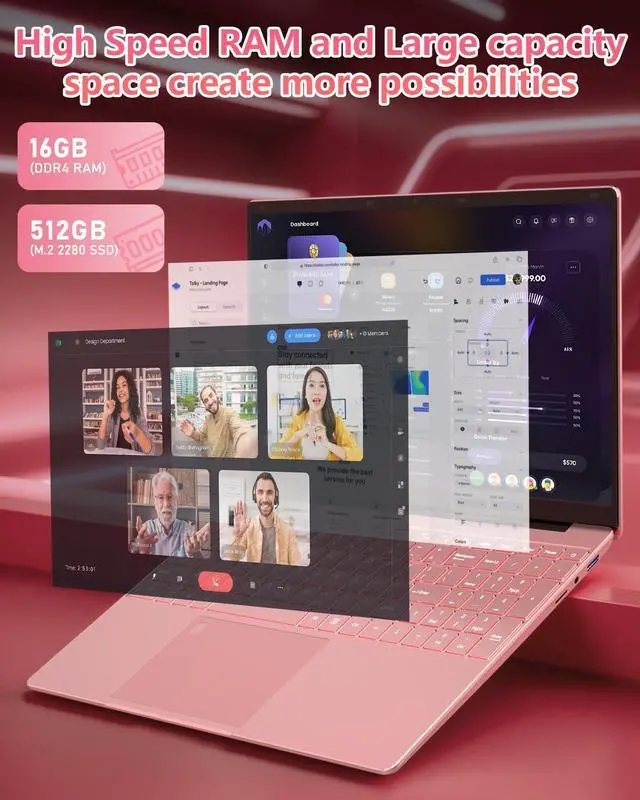 Alt view image 2 of 5 - 15.6" FHD Student Laptop Pink,16GB DDR4 RAM 512GB PCIe SSD,Portable Laptop Computer with Backlit Keyboard,180 ° Angle Opening,Fingerprint Reader,6000mAh Battery,Webcam,WiFi 5,BT 4.2,HDMI,USB 3.0